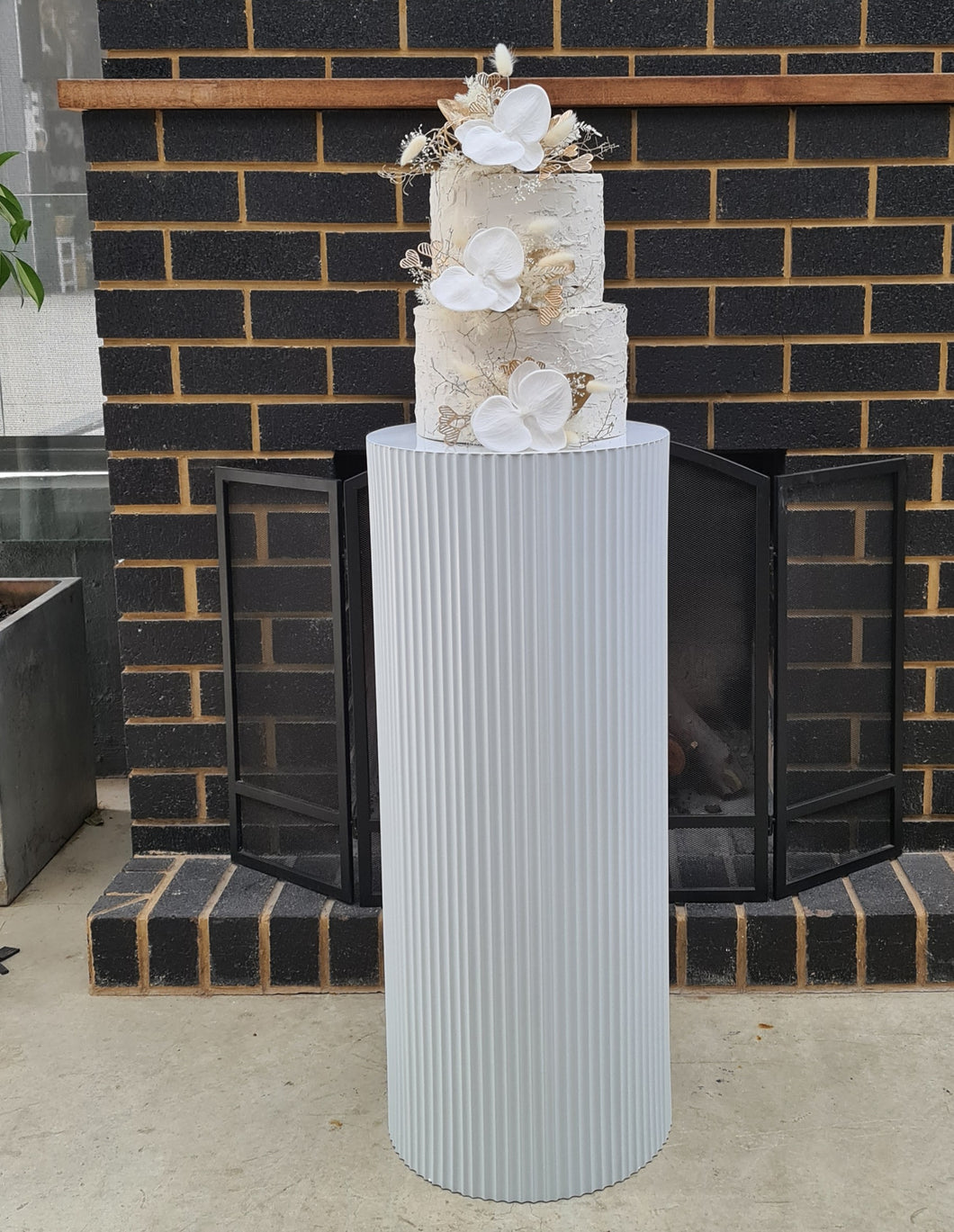 White cylinder ripple plinth cake or flower stand - 75cm - HIRE ONLY