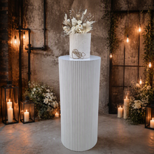 Load image into Gallery viewer, White cylinder ripple plinth cake or flower stand - 90cm - HIRE ONLY
