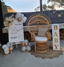 Load image into Gallery viewer, Baby shower neutral package w Queen peacock chair - HIRE ONLY
