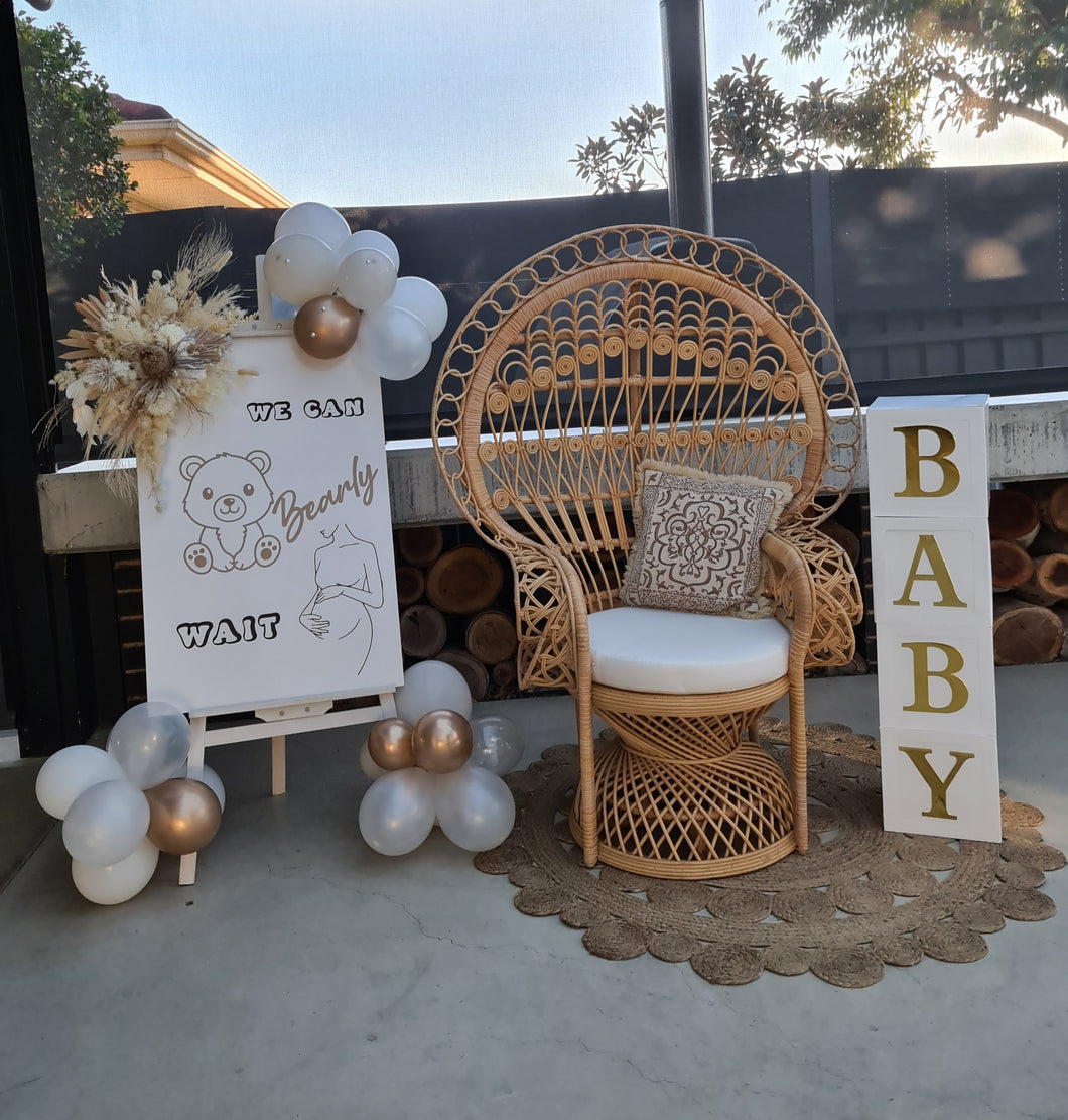 Baby shower neutral package w Queen peacock chair - HIRE ONLY
