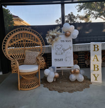 Load image into Gallery viewer, Baby shower neutral package w Queen peacock chair - HIRE ONLY
