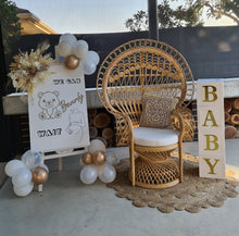 Load image into Gallery viewer, Baby shower neutral package w Queen peacock chair - HIRE ONLY
