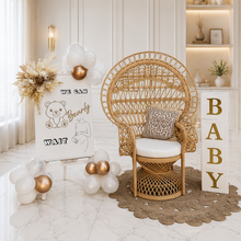 Load image into Gallery viewer, Baby shower neutral package w Queen peacock chair - HIRE ONLY
