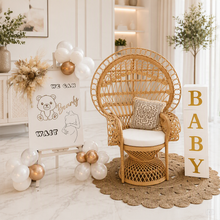 Load image into Gallery viewer, Baby shower neutral package w Queen peacock chair - HIRE ONLY

