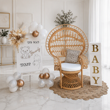 Load image into Gallery viewer, Baby shower neutral package w Queen peacock chair - HIRE ONLY
