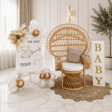 Load image into Gallery viewer, Baby shower neutral package w Queen peacock chair - HIRE ONLY

