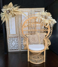 Load image into Gallery viewer, Boho Advanced set up Peacock Chair, 2 x flowers &amp; backdrop - HIRE ONLY
