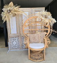 Load image into Gallery viewer, Boho Advanced set up Peacock Chair, 2 x flowers &amp; backdrop - HIRE ONLY
