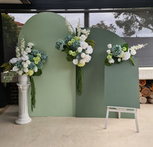 Load image into Gallery viewer, Green &amp; white – 2 x backdrops &amp; 2 x flowers + welcome sign – Advanced package No 1 - HIRE ONLY
