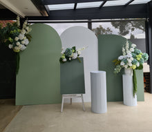 Load image into Gallery viewer, Green &amp; white – 3 x backdrops &amp; 2 x flowers + flower stand + cake stand + welcome sign – Deluxe Package - HIRE ONLY
