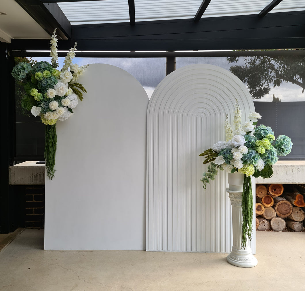 White & green – 2 x backdrops & 2 x flowers – Basic Package - HIRE ONLY