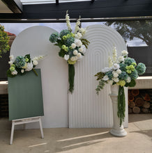 Load image into Gallery viewer, White &amp; green – 2 x backdrops &amp; 2 x flowers + welcome sign – Advanced Package - HIRE ONLY
