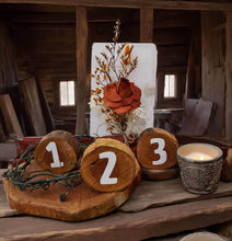 Load image into Gallery viewer, Rustic wood rounds table numbers  - HIRE ONLY
