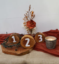 Load image into Gallery viewer, Rustic wood rounds table numbers  - HIRE ONLY
