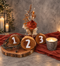 Load image into Gallery viewer, Rustic wood rounds table numbers  - HIRE ONLY
