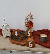 Load image into Gallery viewer, Rustic wood rounds table numbers  - HIRE ONLY
