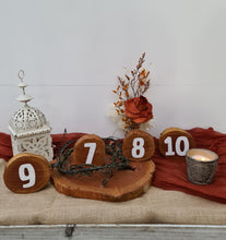 Load image into Gallery viewer, Rustic wood rounds table numbers  - HIRE ONLY
