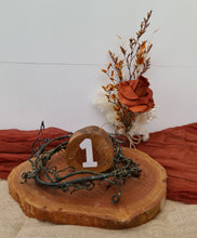Load image into Gallery viewer, Rustic wood rounds table numbers  - HIRE ONLY
