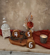 Load image into Gallery viewer, Rustic wood rounds table numbers  - HIRE ONLY
