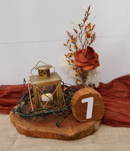 Load image into Gallery viewer, Rustic wood rounds table numbers  - HIRE ONLY
