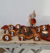 Load image into Gallery viewer, Rustic wood rounds table numbers  - HIRE ONLY
