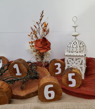 Load image into Gallery viewer, Rustic wood rounds table numbers  - HIRE ONLY
