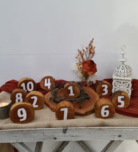 Load image into Gallery viewer, Rustic wood rounds table numbers  - HIRE ONLY
