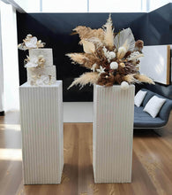 Load image into Gallery viewer, White cement look square ripple plinth cake / flower stand – 90cm - HIRE ONLY
