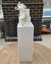 Load image into Gallery viewer, White cement look square ripple plinth cake / flower stand – 90cm - HIRE ONLY
