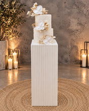 Load image into Gallery viewer, White cement look square ripple plinth cake / flower stand – 90cm - HIRE ONLY
