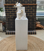 Load image into Gallery viewer, White cement look square ripple plinth cake / flower stand – 90cm - HIRE ONLY
