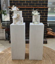 Load image into Gallery viewer, White cement look square ripple plinth cake / flower stand – 90cm - HIRE ONLY
