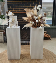 Load image into Gallery viewer, White cement look square ripple plinth cake / flower stand – 90cm - HIRE ONLY
