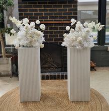 Load image into Gallery viewer, White cement look square ripple plinth cake / flower stand – 90cm - HIRE ONLY

