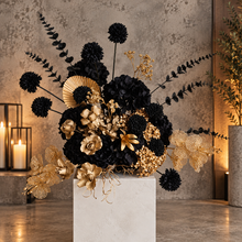 Load image into Gallery viewer, Black &amp; Gold floor / plinth / table Flowers - HIRE ONLY
