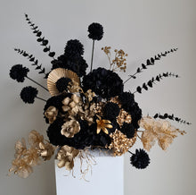 Load image into Gallery viewer, Black &amp; Gold floor / plinth / table Flowers - HIRE ONLY
