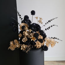 Load image into Gallery viewer, Black &amp; Gold floor / plinth / table Flowers - HIRE ONLY
