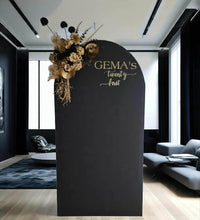 Load image into Gallery viewer, Black arch backdrop and black &amp; gold flowers - HIRE ONLY
