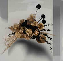 Load image into Gallery viewer, Black arch backdrop and black &amp; gold flowers - HIRE ONLY
