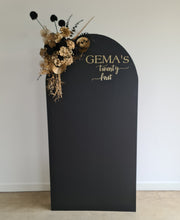 Load image into Gallery viewer, Black arch backdrop and black &amp; gold flowers - HIRE ONLY
