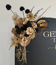 Load image into Gallery viewer, Black arch backdrop and black &amp; gold flowers - HIRE ONLY
