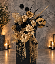 Load image into Gallery viewer, Black arch backdrop and black &amp; gold flowers - HIRE ONLY
