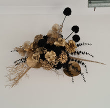 Load image into Gallery viewer, Black arch backdrop and black &amp; gold flowers - HIRE ONLY
