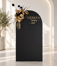 Load image into Gallery viewer, Black arch backdrop and black &amp; gold flowers - HIRE ONLY
