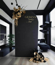 Load image into Gallery viewer, Black arch backdrop &amp; 2 x black &amp; gold flowers - HIRE ONLY
