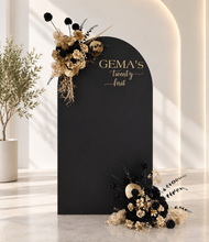 Load image into Gallery viewer, Black arch backdrop &amp; 2 x black &amp; gold flowers - HIRE ONLY
