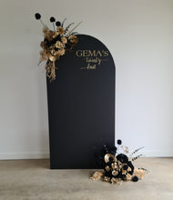 Load image into Gallery viewer, Black arch backdrop &amp; 2 x black &amp; gold flowers - HIRE ONLY
