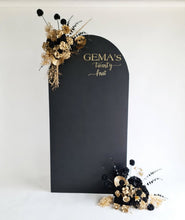 Load image into Gallery viewer, Black arch backdrop &amp; 2 x black &amp; gold flowers - HIRE ONLY
