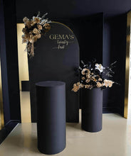 Load image into Gallery viewer, Black arch backdrop, 2 x black &amp; gold flowers &amp; 2 x black plinths - HIRE ONLY
