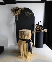 Load image into Gallery viewer, Black arch backdrop, 2 x black &amp; gold flowers &amp; 2 x black plinths - HIRE ONLY
